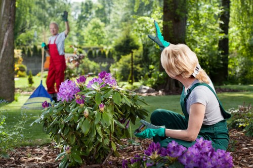 Frontline gardener checking a lawn in Barnes representing company commitment